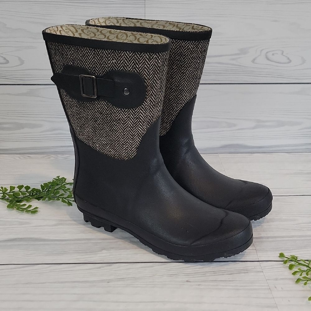 Chooka Rainboots Classic mid-calf Racer Herrinbone Black Womens Size 9